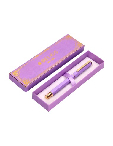Boligrafo belius macaron bliss forma hexagonal color morado y dorado tinta azul caja de diseno