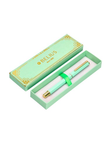 Boligrafo belius macaron bliss forma hexagonal color verde dorado tinta azul caja de diseno