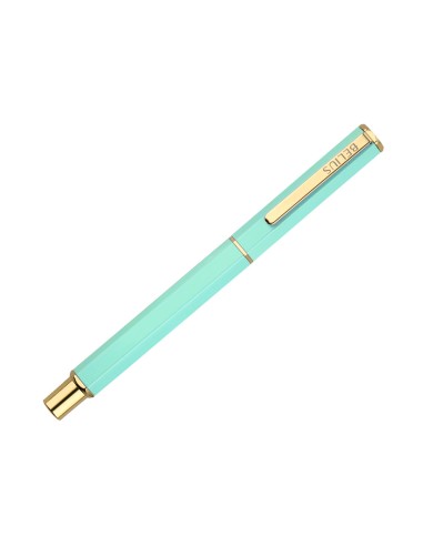 Boligrafo belius macaron bliss forma hexagonal color verde dorado tinta azul caja de diseno