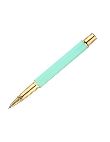 Boligrafo belius macaron bliss forma hexagonal color verde dorado tinta azul caja de diseno