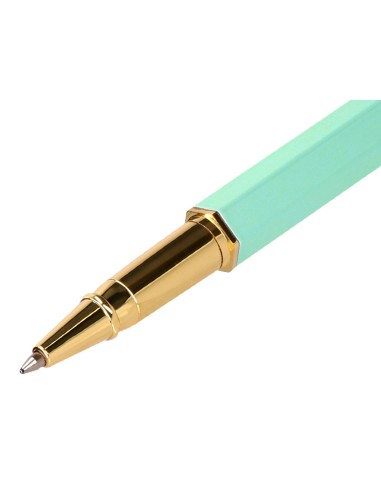 Boligrafo belius macaron bliss forma hexagonal color verde dorado tinta azul caja de diseno
