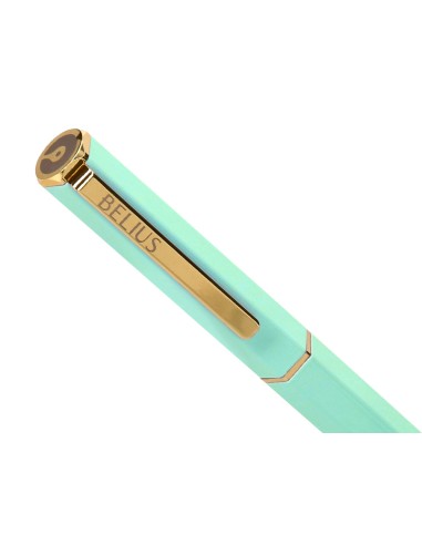 Boligrafo belius macaron bliss forma hexagonal color verde dorado tinta azul caja de diseno