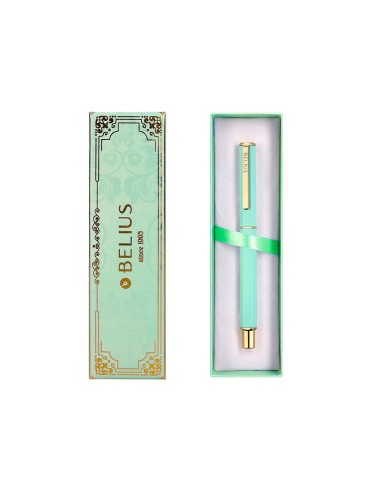 Boligrafo belius macaron bliss forma hexagonal color verde dorado tinta azul caja de diseno