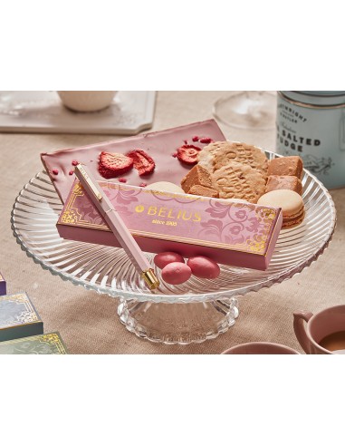 Boligrafo belius macaron bliss forma hexagonal color rosa y dorado tinta azul caja de diseno