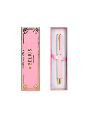 Boligrafo belius macaron bliss forma hexagonal color rosa y dorado tinta azul caja de diseno