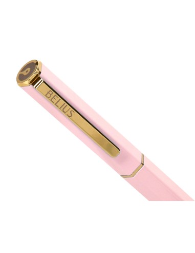 Boligrafo belius macaron bliss forma hexagonal color rosa y dorado tinta azul caja de diseno