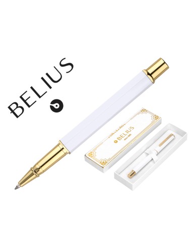 Boligrafo belius macaron bliss forma hexagonal color blanco y dorado tinta azul caja de diseno