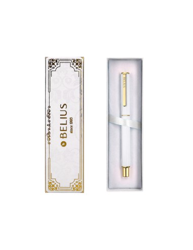 Boligrafo belius macaron bliss forma hexagonal color blanco y dorado tinta azul caja de diseno