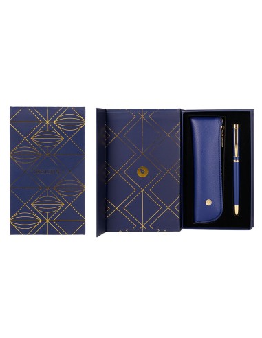 Boligrafo y estuche belius soiree color azul marino y dorado tinta azul caja de diseno