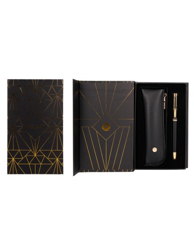 Pluma y estuche belius soiree color art deco negro y dorado tinta azul caja de diseno