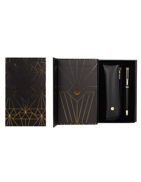 Pluma y estuche belius soiree color art deco negro y dorado tinta azul caja de diseno Pluma y estuche belius soiree color art deco negro y dorado tinta azul caja de diseno
