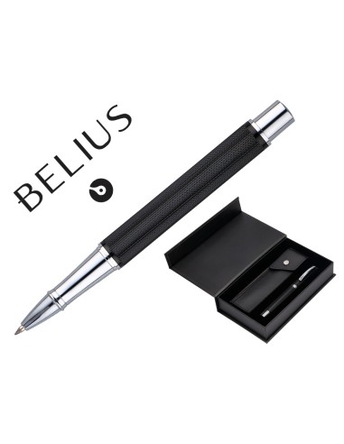Roller y estuche belius turbo aluminio textura punteada negro plateado tinta azul caja de diseno