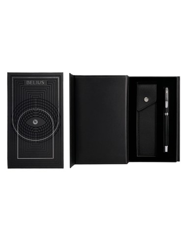 Roller y estuche belius turbo aluminio textura punteada negro plateado tinta azul caja de diseno