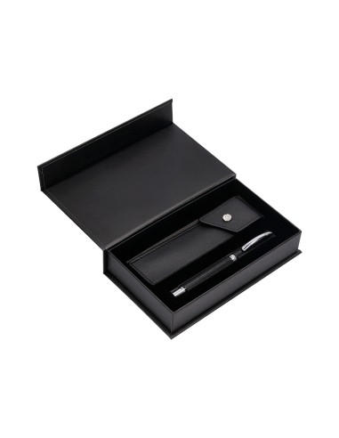 Roller y estuche belius turbo aluminio textura punteada negro plateado tinta azul caja de diseno