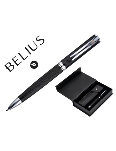 Boligrafo y estuche belius turbo aluminio textura punteada negro y plateado tinta azul caja de diseno