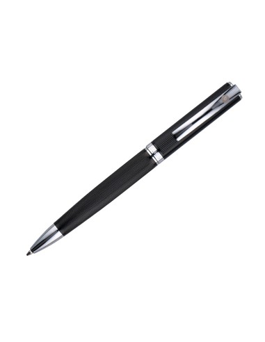 Boligrafo y estuche belius turbo aluminio textura punteada negro y plateado tinta azul caja de diseno