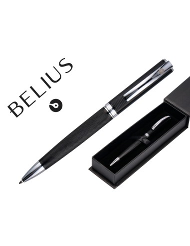 Boligrafo belius turbo aluminio textura punteada color negro y plateado tinta azul caja de diseno