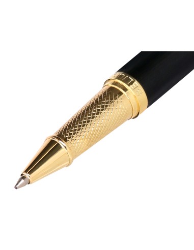 Boligrafo y estuche belius passion dor aluminio textura cepillada color negro y dorado tinta azul caja diseno