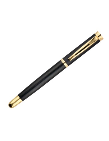 Pluma y estuche cuero belius passion dor aluminio textura cepillada color negro y dorado tinta azul caja diseno