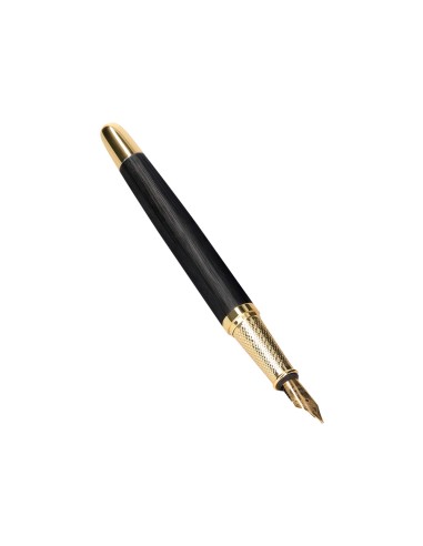 Pluma y estuche cuero belius passion dor aluminio textura cepillada color negro y dorado tinta azul caja diseno