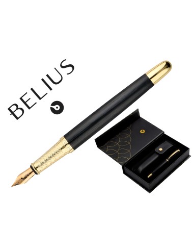 Pluma y estuche cuero belius passion dor aluminio textura cepillada color negro y dorado tinta azul caja diseno
