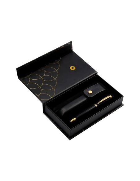 Pluma y estuche cuero belius passion dor aluminio textura cepillada color negro y dorado tinta azul caja diseno Pluma y estuche cuero belius passion dor aluminio textura cepillada color negro y dorado tinta azul caja diseno