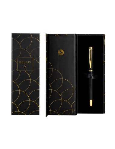 Pluma belius passion dor aluminio textura cepillada color negro y dorado tinta azul caja de diseno