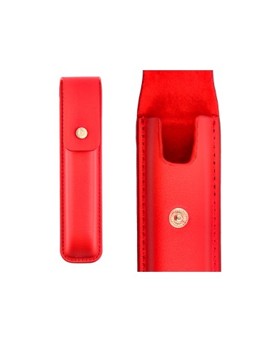 Pluma y estuche cuero belius passion dor aluminio textura cepillada color rojo y dorado tinta azul caja de diseno