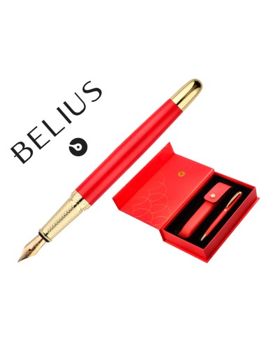 Pluma y estuche cuero belius passion dor aluminio textura cepillada color rojo y dorado tinta azul caja de diseno