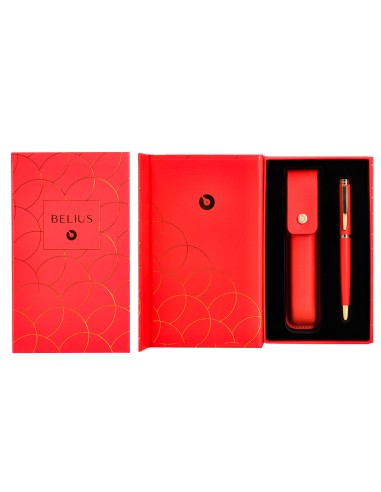 Pluma y estuche cuero belius passion dor aluminio textura cepillada color rojo y dorado tinta azul caja de diseno