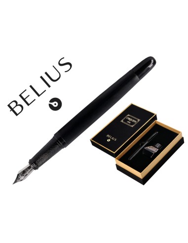 Pluma y frasco de tinta belius origen 1995 aluminio textura cepillada color negro tinta negra caja diseno