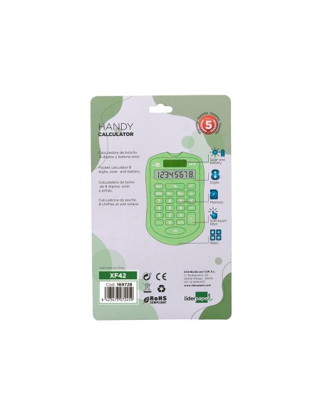 Calculadora liderpapel bolsillo xf42 8 digitos solar y pilas color verde 94x595x105mm Calculadora liderpapel bolsillo xf42 8 digitos solar y pilas color verde 94x595x105mm