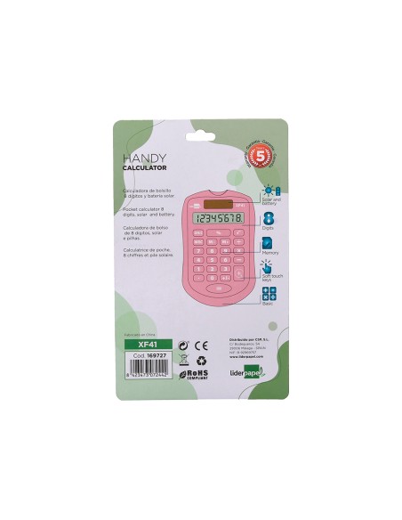 Calculadora liderpapel bolsillo xf41 8 digitos solar y pilas color rosa 94x595x105mm Calculadora liderpapel bolsillo xf41 8 digitos solar y pilas color rosa 94x595x105mm