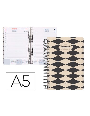 Agenda espiral liderpapel clas sic a5 2025 dia pagina blanco y negro 1 papel 70 gr