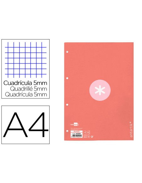 Recambio a4 antartik 80 hojas 90g m2 cuadro 5 mm 4 taladros 1 banda marco color rosa