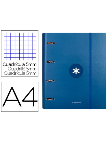 Carpeta con recambio antartik a4 cuadro 5mm forrada 4 anillas 40mm redondas color azul marino
