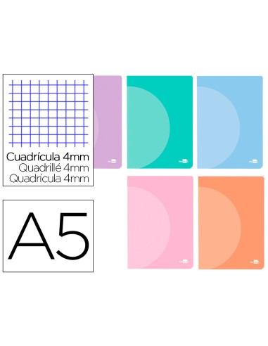 Libreta liderpapel 360 tapa de plastico a5 48 hojas 90g m2 cuadro 4 mm con margen colores pastel surtidos