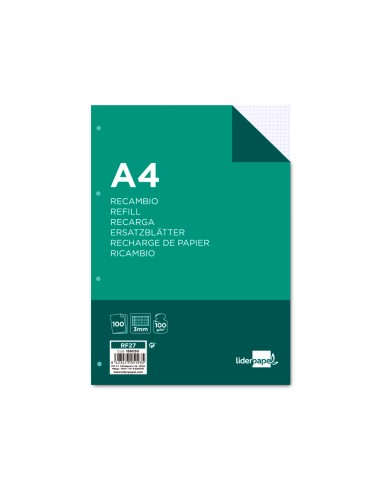 Recambio liderpapel a4 100 hojas 100g m2 cuadro 3mm con margen 4 taladros