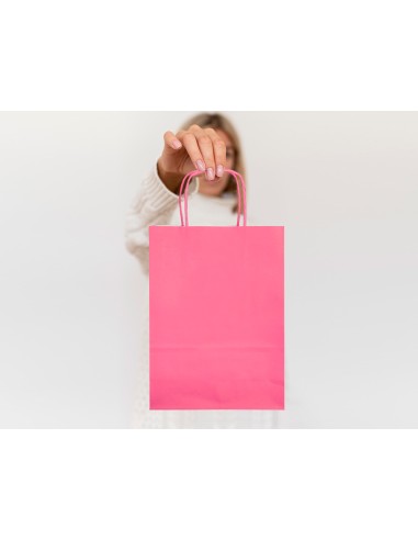 Bolsa papel q connect celulosa rosa m con asa retorcida 270x370x12 mm