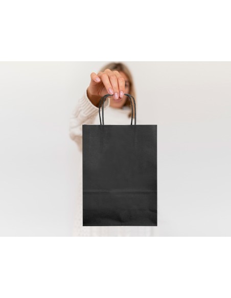 Bolsa papel q connect celulosa negro xs con asa retorcida 180x240x80 mm