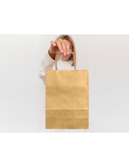 Bolsa papel q connect kraft oro xs con asa retorcida 180x240x80 mm