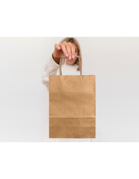 Bolsa papel q connect kraft natural liso xs con asa retorcida 180x240x80 mm