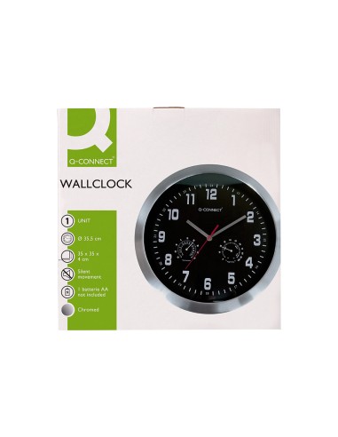 Reloj q connect de pared metalico redondo 355 cm movimiento silencioso color cromado con esfera negra