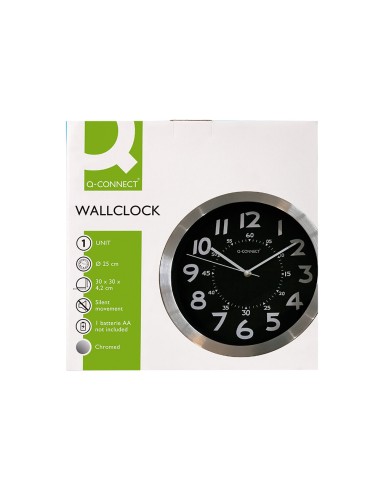 Reloj q connect de pared metalico redondo 25 cm movimiento silencioso color negro con esfera cromado