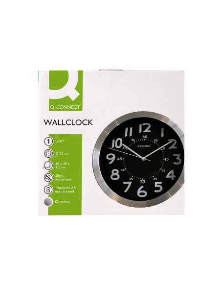Reloj q connect de pared metalico redondo 25 cm movimiento silencioso color negro con esfera cromado
