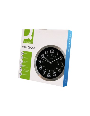 Reloj q connect de pared metalico redondo 25 cm movimiento silencioso color negro con esfera cromado