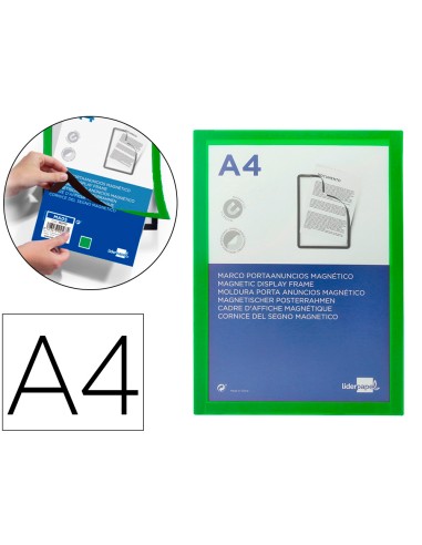Marco porta anuncios liderpapel magnetico din a4 dorso adhesivo removible color verde