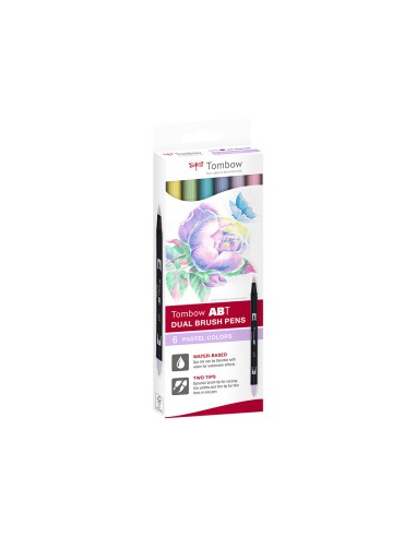 Rotulador tombow acuarelable doble punta fina pincel colores pastel caja de 6 unidades colores surtidos