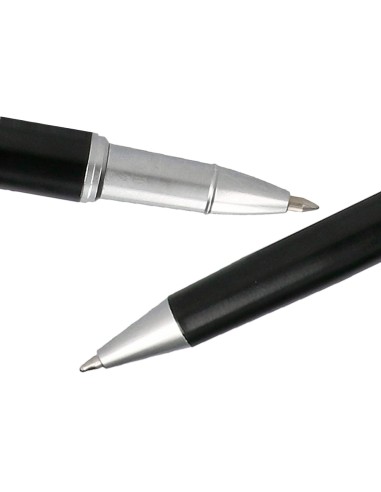 Juego boligrafo y roller belius norwich cuerpo negro mate y detalles cromados satinados en caja regalo