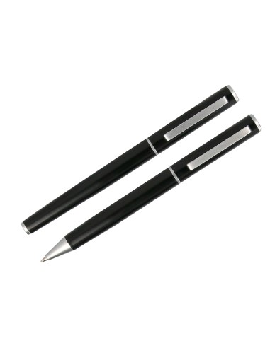 Juego boligrafo y roller belius norwich cuerpo negro mate y detalles cromados satinados en caja regalo
